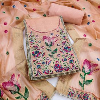 Peach banarasi cotton woven design unstitched dress material. 2