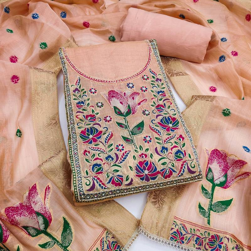 Peach banarasi cotton woven design unstitched dress material.