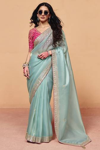 Turquoise Silk Blend Embroidery With Sequence Work Saree with Unstitch Blouse Piece For Women 