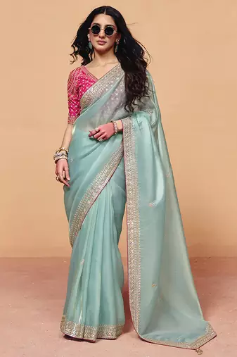 Turquoise Silk Blend Embroidery With Sequence Work Saree with Unstitch Blouse Piece For Women 