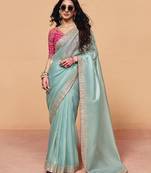 Turquoise Silk Blend Embroidery With Sequence Work Saree with Unstitch Blouse Piece For Women 