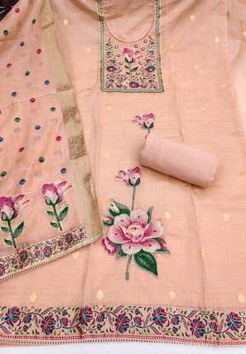 Peach banarasi cotton woven design unstitched dress material. 3