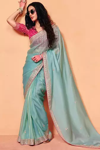 Turquoise Silk Blend Embroidery With Sequence Work Saree with Unstitch Blouse Piece For Women 