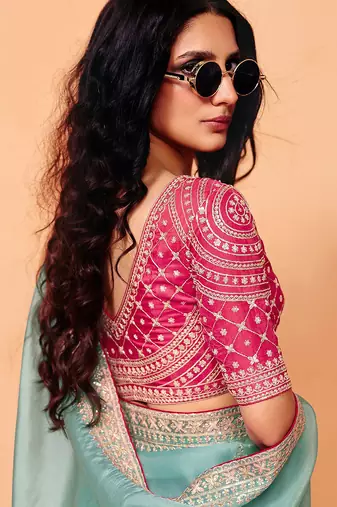 Turquoise Silk Blend Embroidery With Sequence Work Saree with Unstitch Blouse Piece For Women 