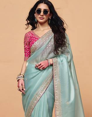 Turquoise Silk Blend Embroidery With Sequence Work Saree with Unstitch Blouse Piece For Women  4