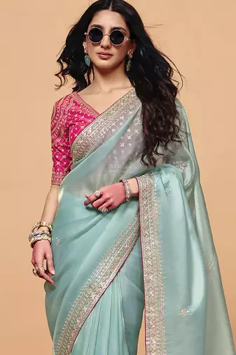 Turquoise Silk Blend Embroidery With Sequence Work Saree with Unstitch Blouse Piece For Women 