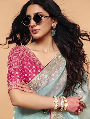 Turquoise Silk Blend Embroidery With Sequence Work Saree with Unstitch Blouse Piece For Women  5