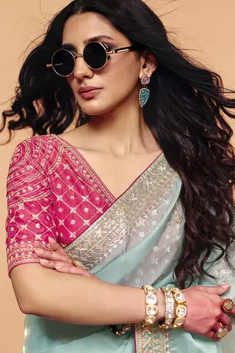 Turquoise Silk Blend Embroidery With Sequence Work Saree with Unstitch Blouse Piece For Women 