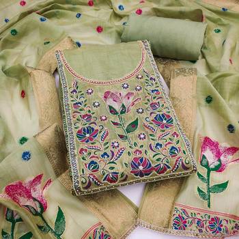 Green banarasi cotton woven design unstitched dress material. 2