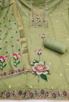 Green banarasi cotton woven design unstitched dress material. 3