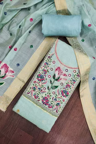 Sky blue banarasi cotton woven design unstitched dress material.