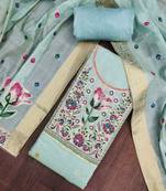Sky blue banarasi cotton woven design unstitched dress material.