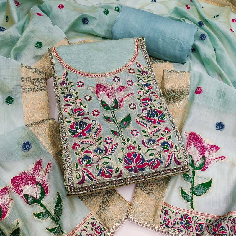 Sky blue banarasi cotton woven design unstitched dress material.