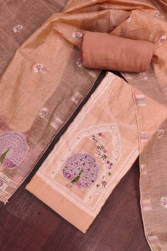 Peach banarasi cotton woven design unstitched dress material.