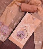 Peach banarasi cotton woven design unstitched dress material.