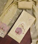 Yellow banarasi cotton woven design unstitched dress material.