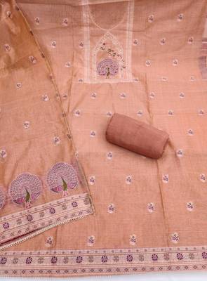 Peach banarasi cotton woven design unstitched dress material. 3
