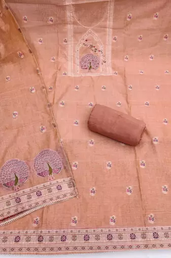 Peach banarasi cotton woven design unstitched dress material.
