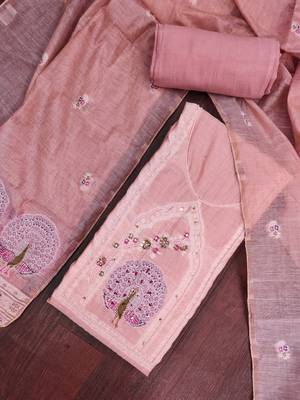 Pink banarasi cotton woven design unstitched dress material. 1