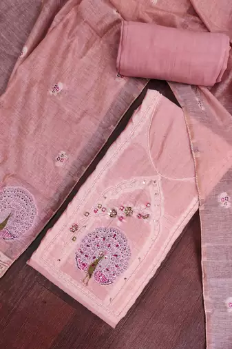 Pink banarasi cotton woven design unstitched dress material.