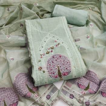 Sea green banarasi cotton woven design unstitched dress material. 2