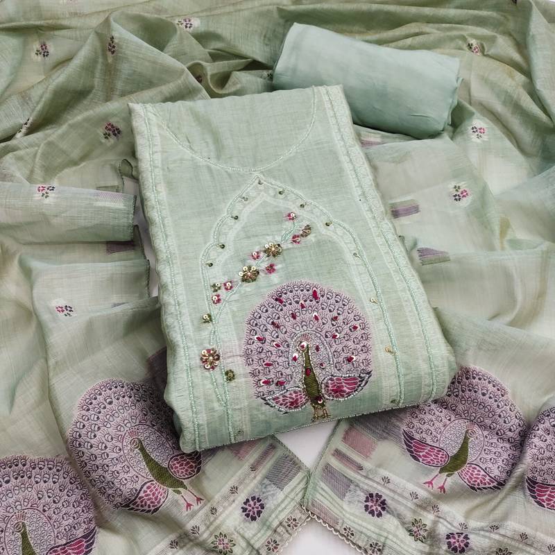 Sea green banarasi cotton woven design unstitched dress material.