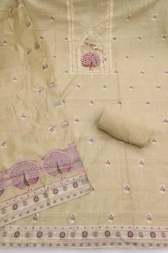 Yellow banarasi cotton woven design unstitched dress material.