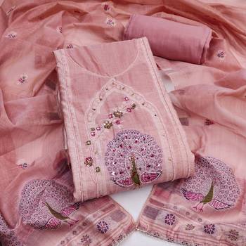 Pink banarasi cotton woven design unstitched dress material. 2