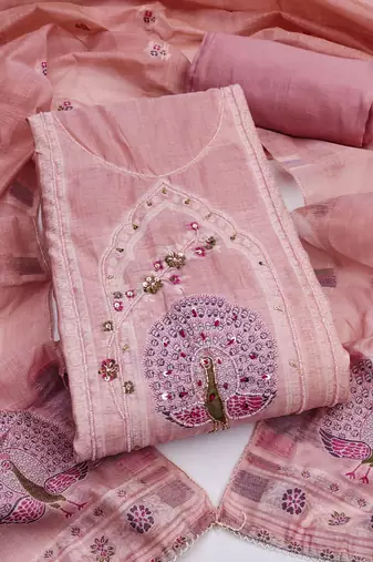 Pink banarasi cotton woven design unstitched dress material.