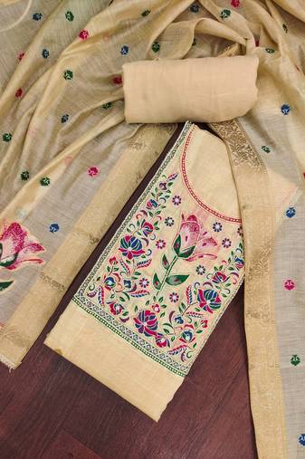 Beige banarasi cotton woven design unstitched dress material.