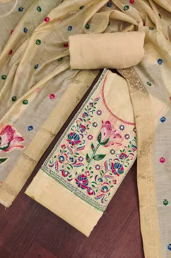 Beige banarasi cotton woven design unstitched dress material.