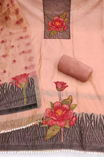 Peach banarasi cotton woven design unstitched dress material.
