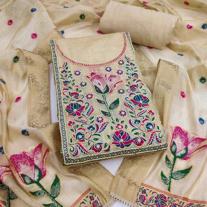 Beige banarasi cotton woven design unstitched dress material.