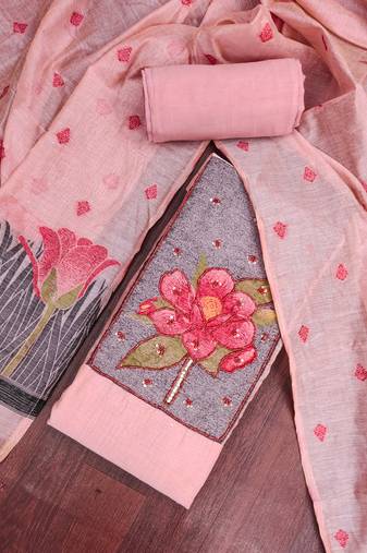 Pink banarasi cotton woven design unstitched dress material.