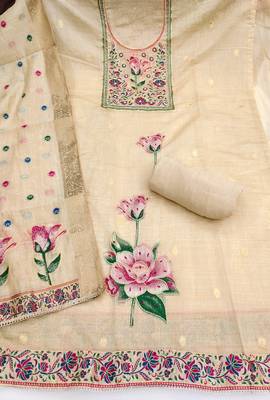 Beige banarasi cotton woven design unstitched dress material. 3