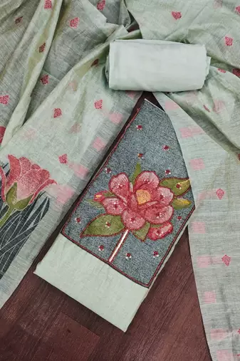 Sea green banarasi cotton woven design unstitched dress material.