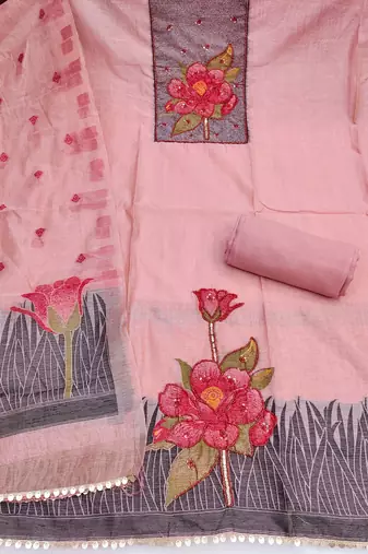 Pink banarasi cotton woven design unstitched dress material.