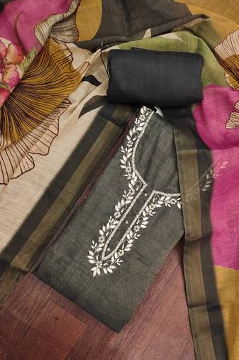 Grey linen cotton printed unstitched dress material.