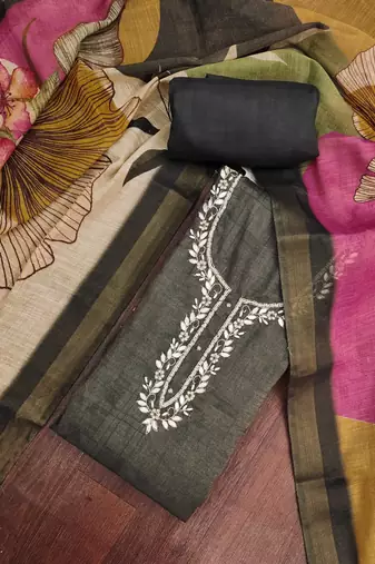 Grey linen cotton printed unstitched dress material.