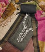 Grey linen cotton printed unstitched dress material.