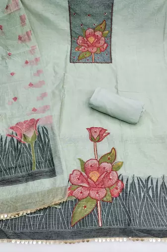 Sea green banarasi cotton woven design unstitched dress material.