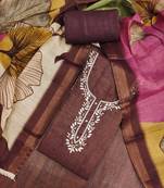 Coffee linen cotton printed unstitched dress material.