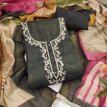 Grey linen cotton printed unstitched dress material. 2
