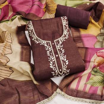 Coffee linen cotton printed unstitched dress material. 2