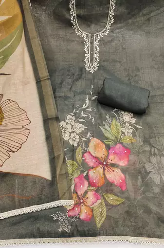 Grey linen cotton printed unstitched dress material.