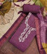 Purple linen cotton printed unstitched dress material.