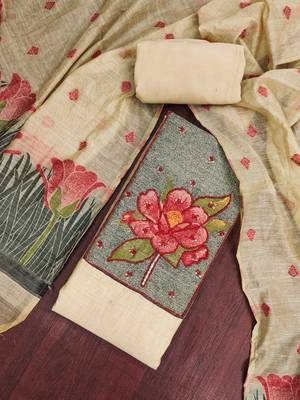Beige banarasi cotton woven design unstitched dress material. 1