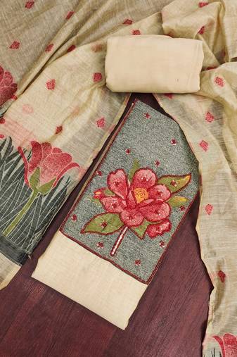 Beige banarasi cotton woven design unstitched dress material.