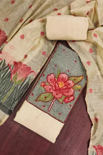 Beige banarasi cotton woven design unstitched dress material.