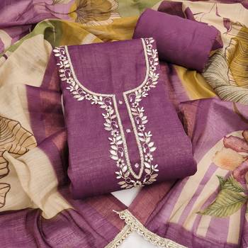 Purple linen cotton printed unstitched dress material. 2